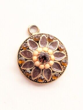 Vintage Glam Gold Tone Enamel Floral Sunburst Rhinestone Necklace Pendant